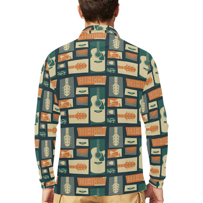 Acoustic Guitar Pattern Print Design 02 Long Sleeve Polo Shirt For Men's
