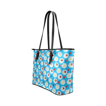 Ladybug with Daisy Themed Print Pattern Leather Tote Bag