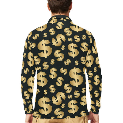 Dollar Pattern Print Design DO04 Long Sleeve Polo Shirt For Men's