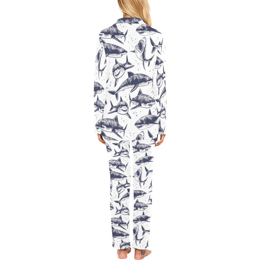 Great White Shark Pattern Print Design 02 Women's Long Pajama Set