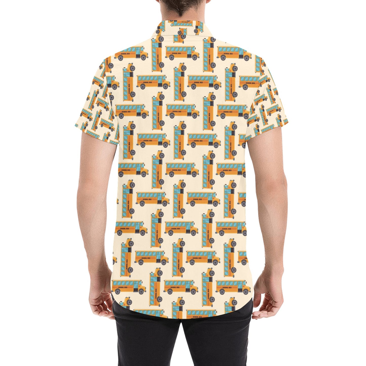 School Bus Print Design LKS305 Men Short Sleeve Button Up Shirt