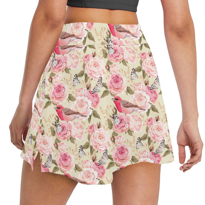 Bird Butterfly Pink Flower Print Pattern 17" Golf & Pickleball Skort with Pockets