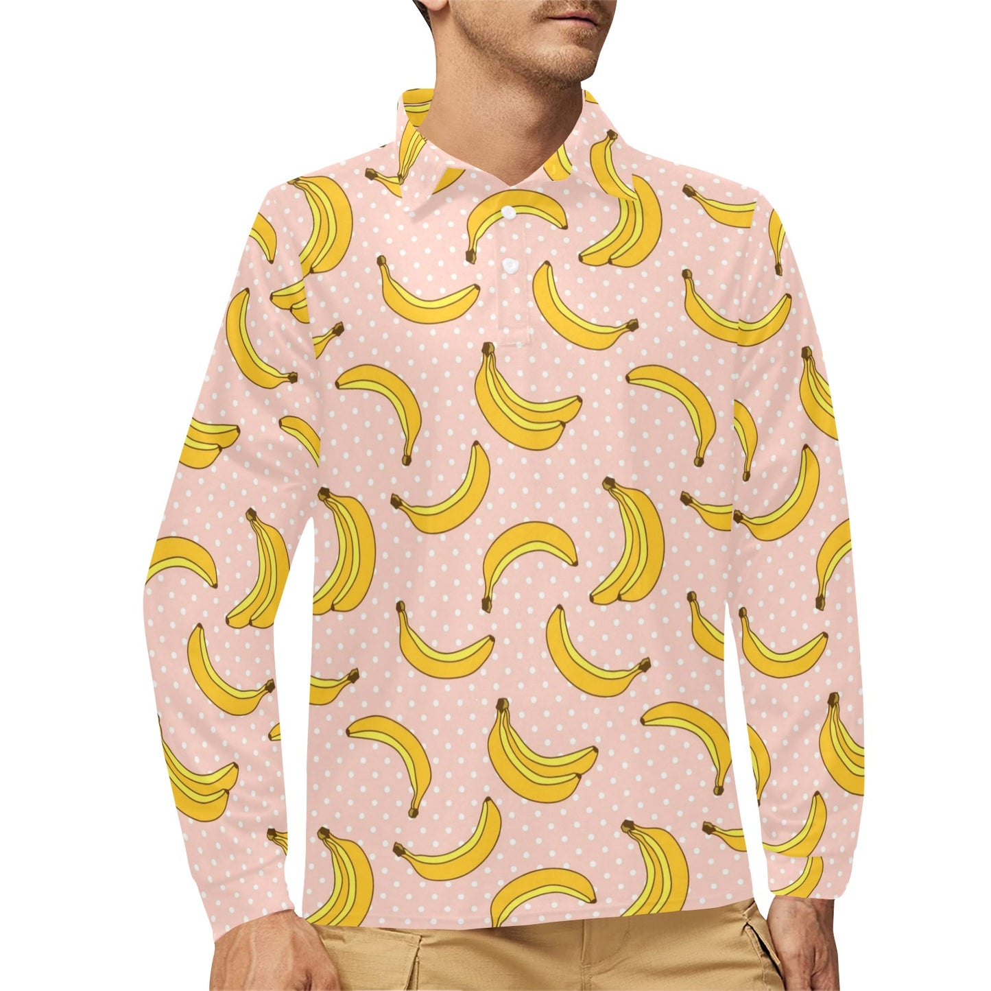 Banana Pattern Print Design BA06 Long Sleeve Polo Shirt For Men's