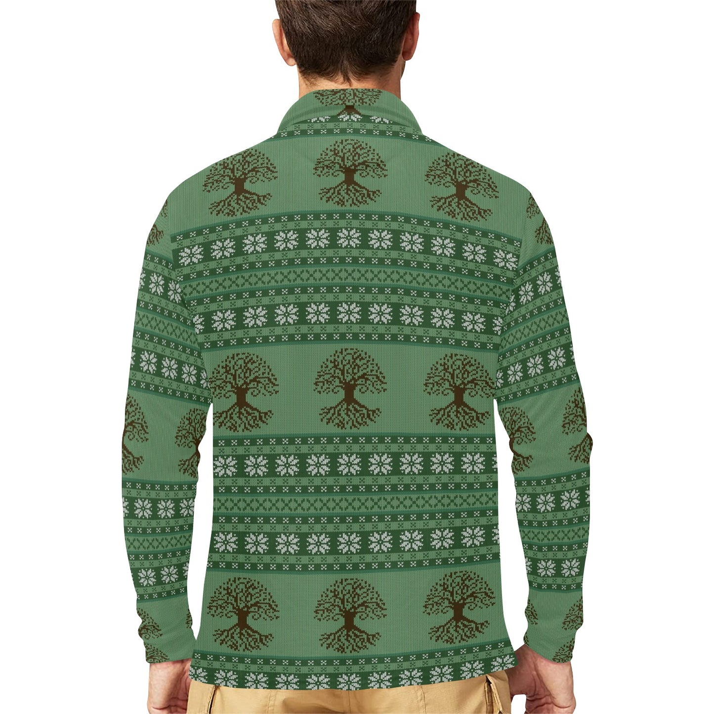 Tree Of Life Knit Style Print Design LKS301 Long Sleeve Polo Shirt For Men's