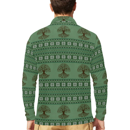 Tree Of Life Knit Style Print Design LKS301 Long Sleeve Polo Shirt For Men's