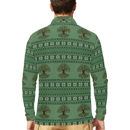 Tree Of Life Knit Style Print Design LKS301 Long Sleeve Polo Shirt For Men's