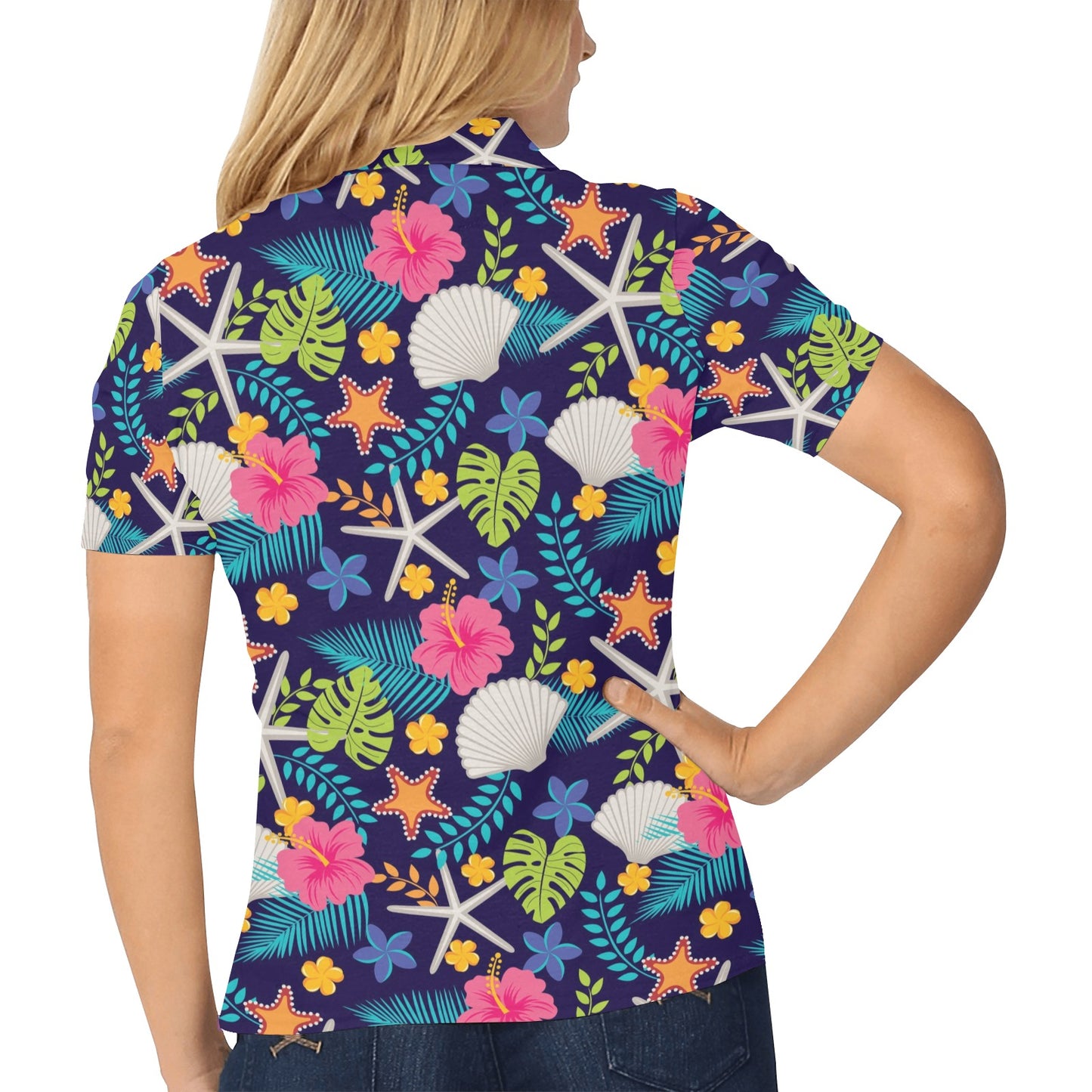 Beach Seashell Floral Theme Women's Polo Shirt