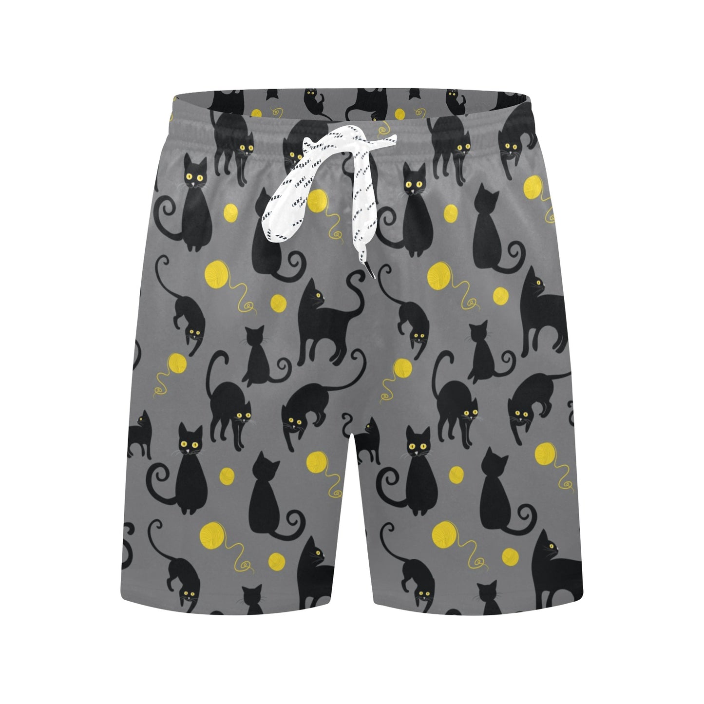 Black Cat Yellow Yarn Print Pattern Men's Swim Trunks Beach Shorts