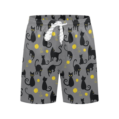Black Cat Yellow Yarn Print Pattern Men's Swim Trunks Beach Shorts