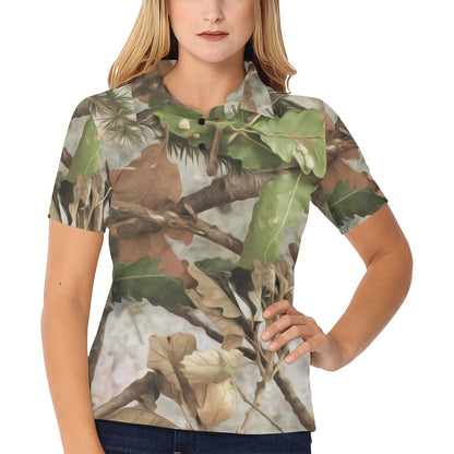Camo Realistic Tree Forest Print Women's Polo Shirt