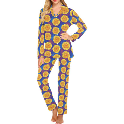 Sunflower Hand Drawn Style Print Women's Long Pajama Set