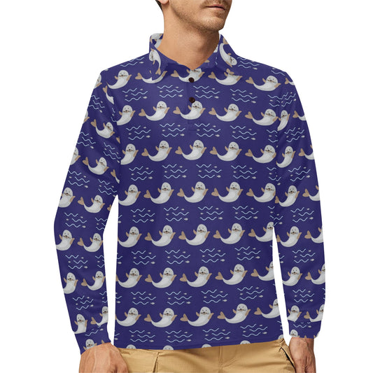 Sea Lion Print Design LKS404 Long Sleeve Polo Shirt For Men's