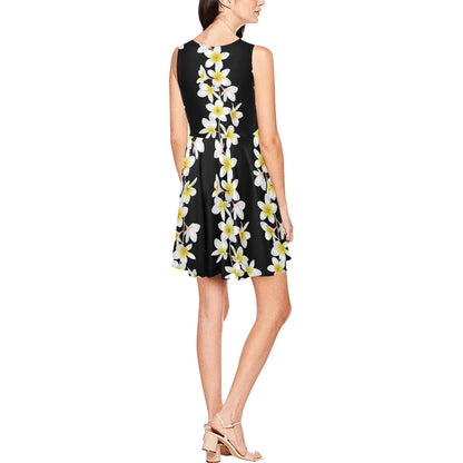 White Plumeria Pattern Print Design PM08 Sleeveless Dress