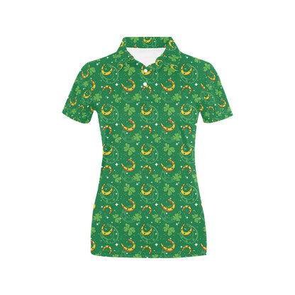Shamrock With Horse Shoes Print Design LKS305 Women's Polo Shirt