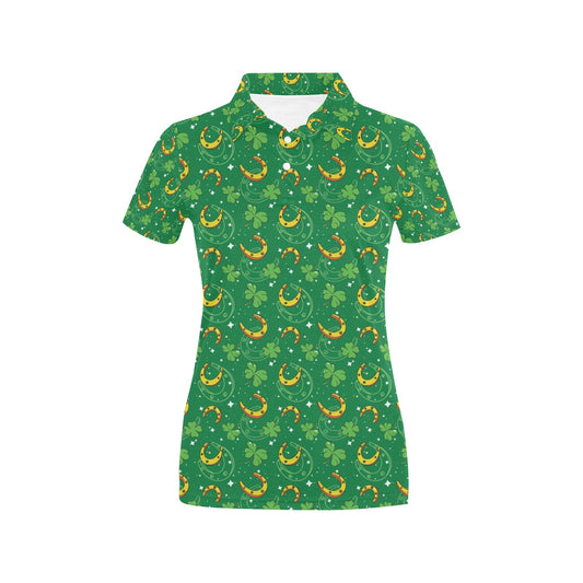 Shamrock With Horse Shoes Print Design LKS305 Women's Polo Shirt