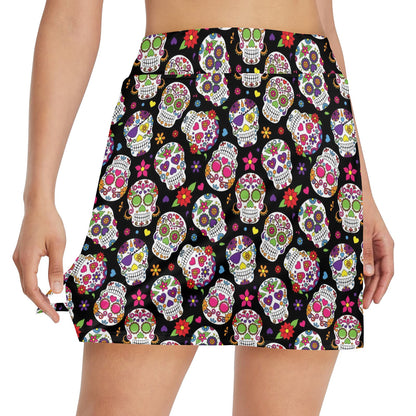 Sugar Skull Print Design LKS302 17" Golf & Pickleball Skort with Pockets