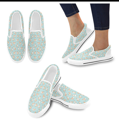 Shiba Inu Print Design LKS304 White Slip Ons Canvas Women's Shoes