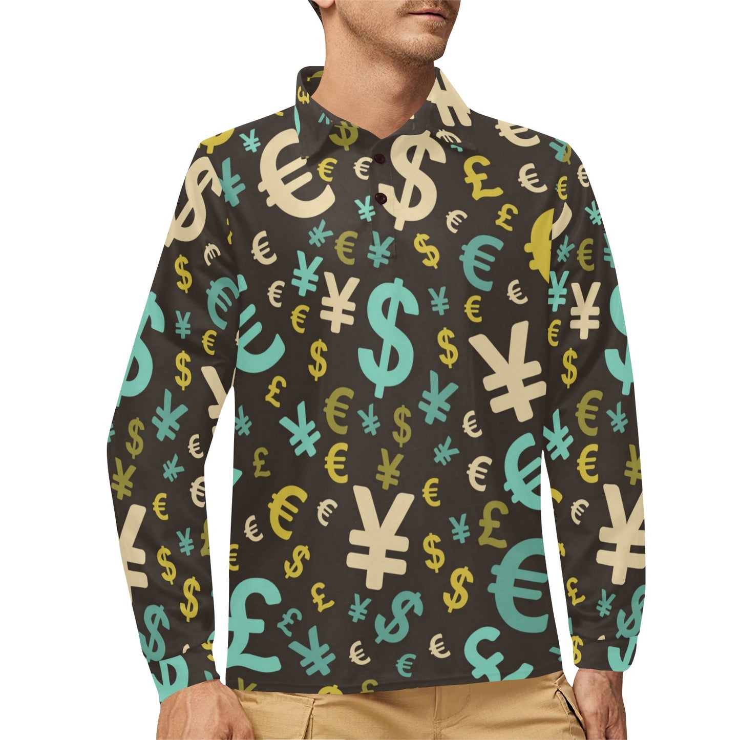 Money Pattern Print Design 01 Long Sleeve Polo Shirt For Men's