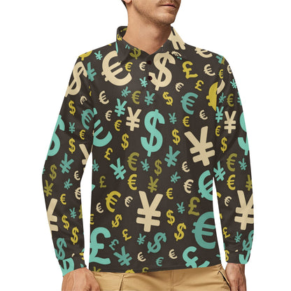 Money Pattern Print Design 01 Long Sleeve Polo Shirt For Men's
