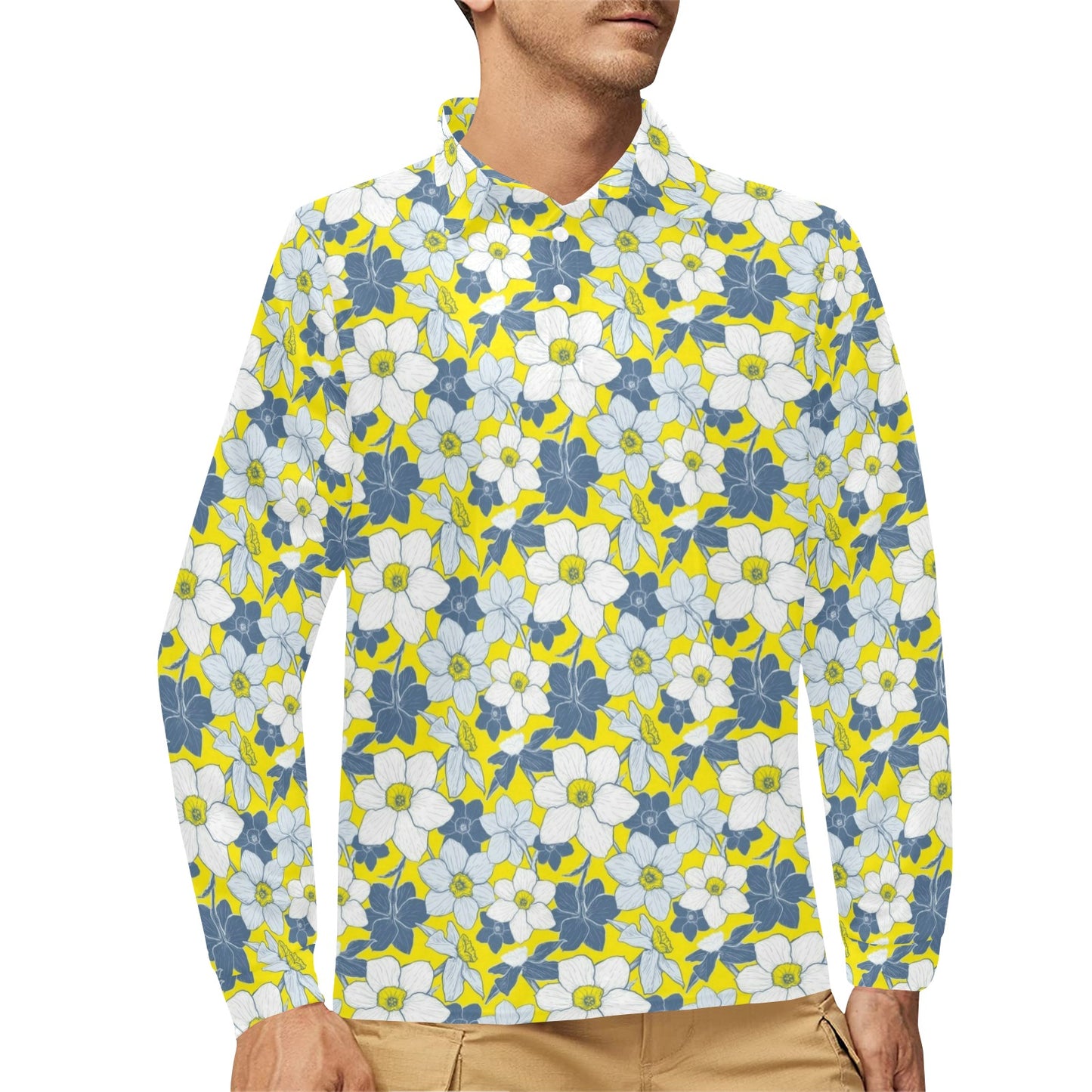 Daffodils Pattern Print Design 01 Long Sleeve Polo Shirt For Men's