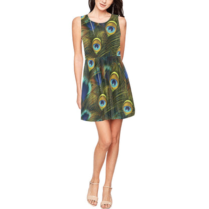 Peacock Feather Pattern Print Design A03 Sleeveless Dress