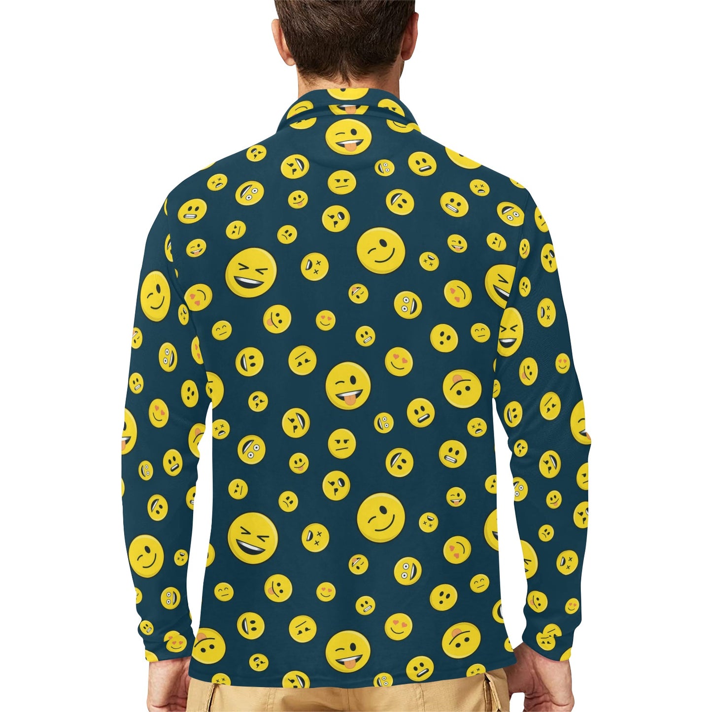 Smiley Face Emoji Print Design LKS301 Long Sleeve Polo Shirt For Men's