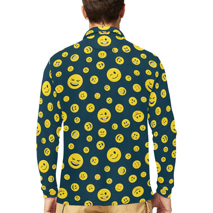 Smiley Face Emoji Print Design LKS301 Long Sleeve Polo Shirt For Men's