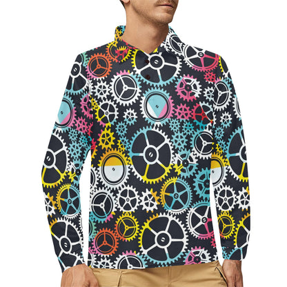 Mechanic Pattern Print Design 02 Long Sleeve Polo Shirt For Men's