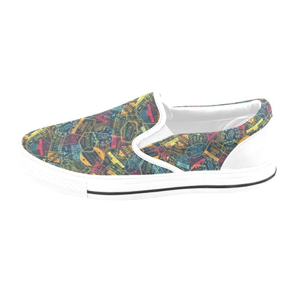 Travel Stamp Colorful Print Design LKS304 White Slip Ons Canvas Women's Shoes