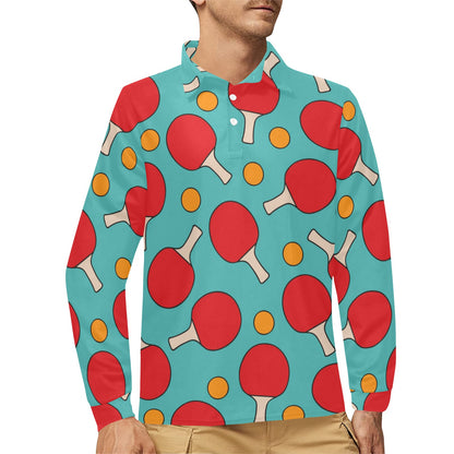 Ping Pong Pattern Print Design A01 Long Sleeve Polo Shirt For Men's