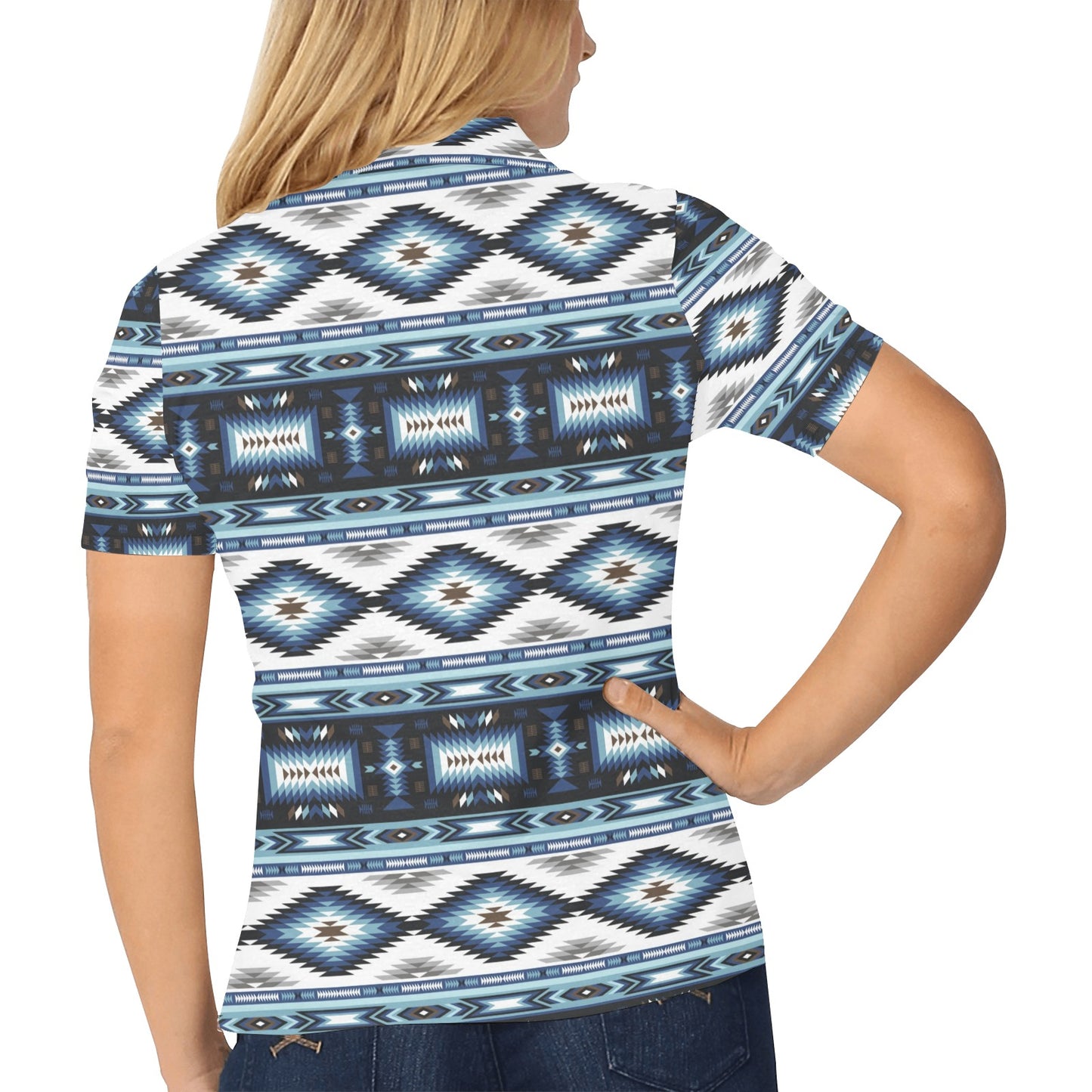Navajo Dark Blue Print Pattern Women's Polo Shirt