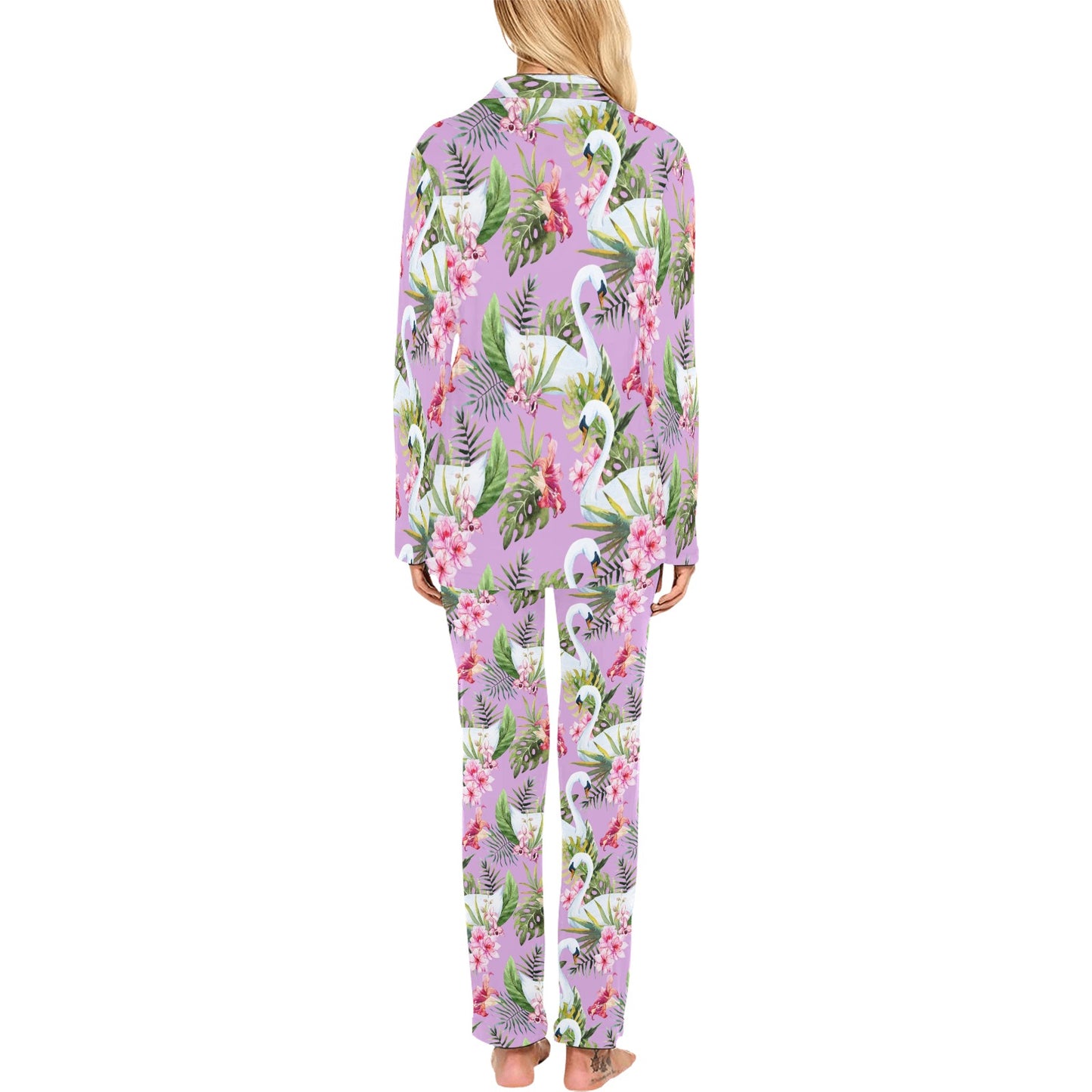 Swan with Flower Pattern Print Design 01 Women's Long Pajama Set