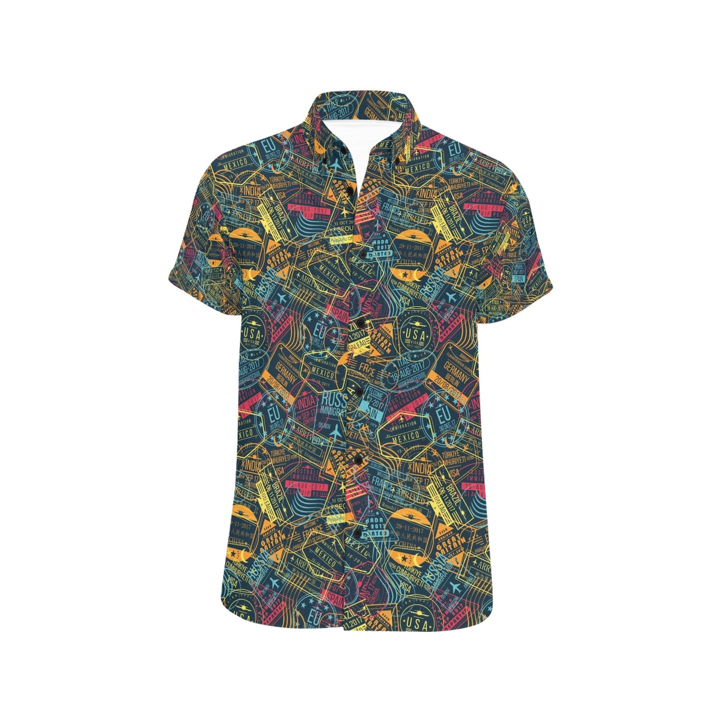 Travel Stamp Colorful Print Design LKS304 Men Short Sleeve Button Up Shirt
