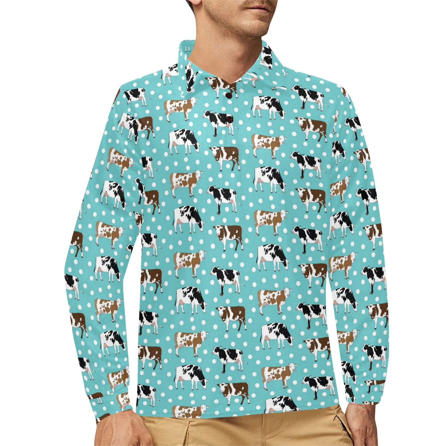 Cattle Print Design LKS405 Long Sleeve Polo Shirt For Men's