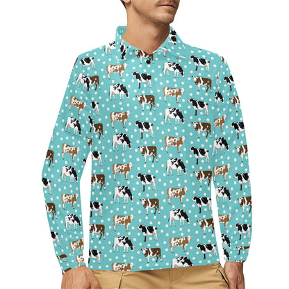Cattle Print Design LKS405 Long Sleeve Polo Shirt For Men's