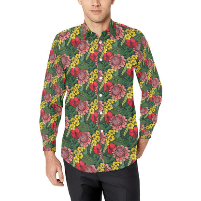 Summer Floral Print Design LKS305 Men's Long Sleeve Dress Shirt