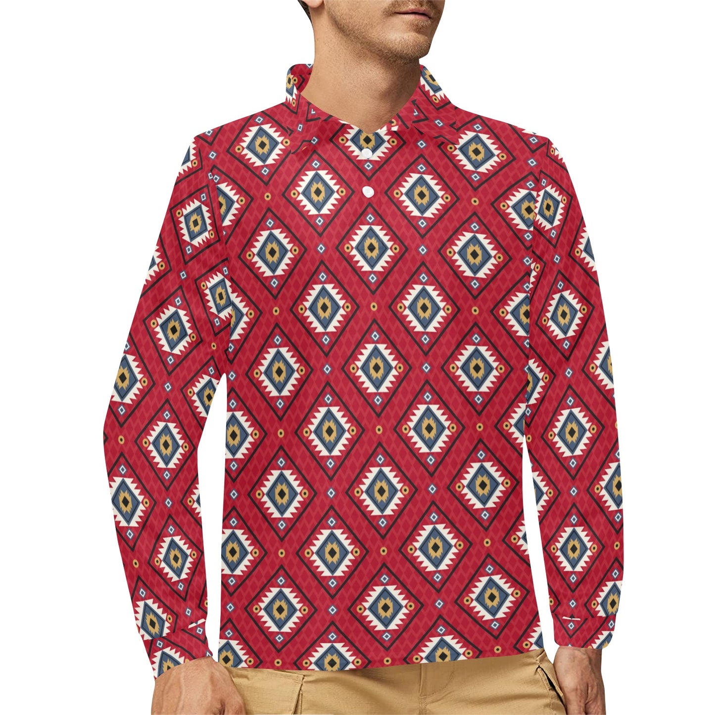 Aztec Pattern Print Design 10 Long Sleeve Polo Shirt For Men's
