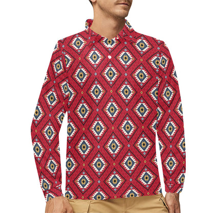 Aztec Pattern Print Design 10 Long Sleeve Polo Shirt For Men's