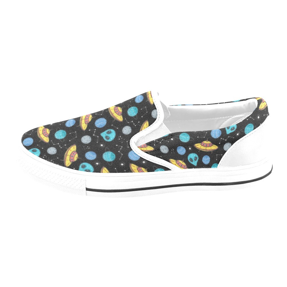 UFO Alien Print Design LKS306 White Slip Ons Canvas Women's Shoes