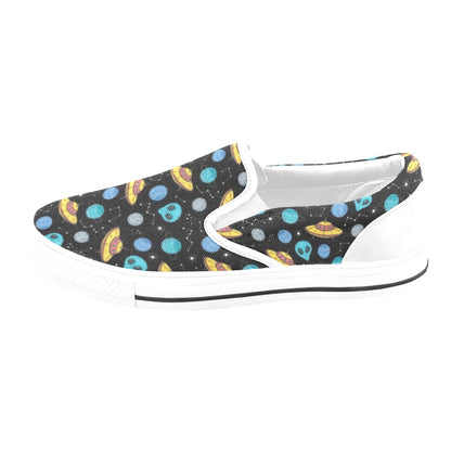 UFO Alien Print Design LKS306 White Slip Ons Canvas Women's Shoes