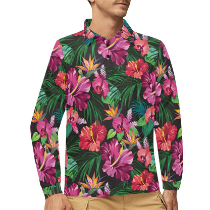 Hawaiian Flower Hibiscus tropical Long Sleeve Polo Shirt For Men's