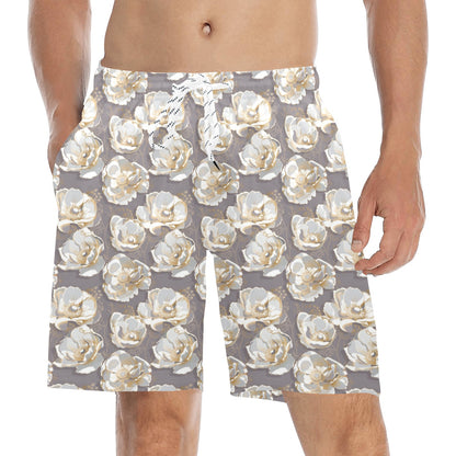 Elegant Grey Flower Print Men's Swim Trunks Beach Shorts