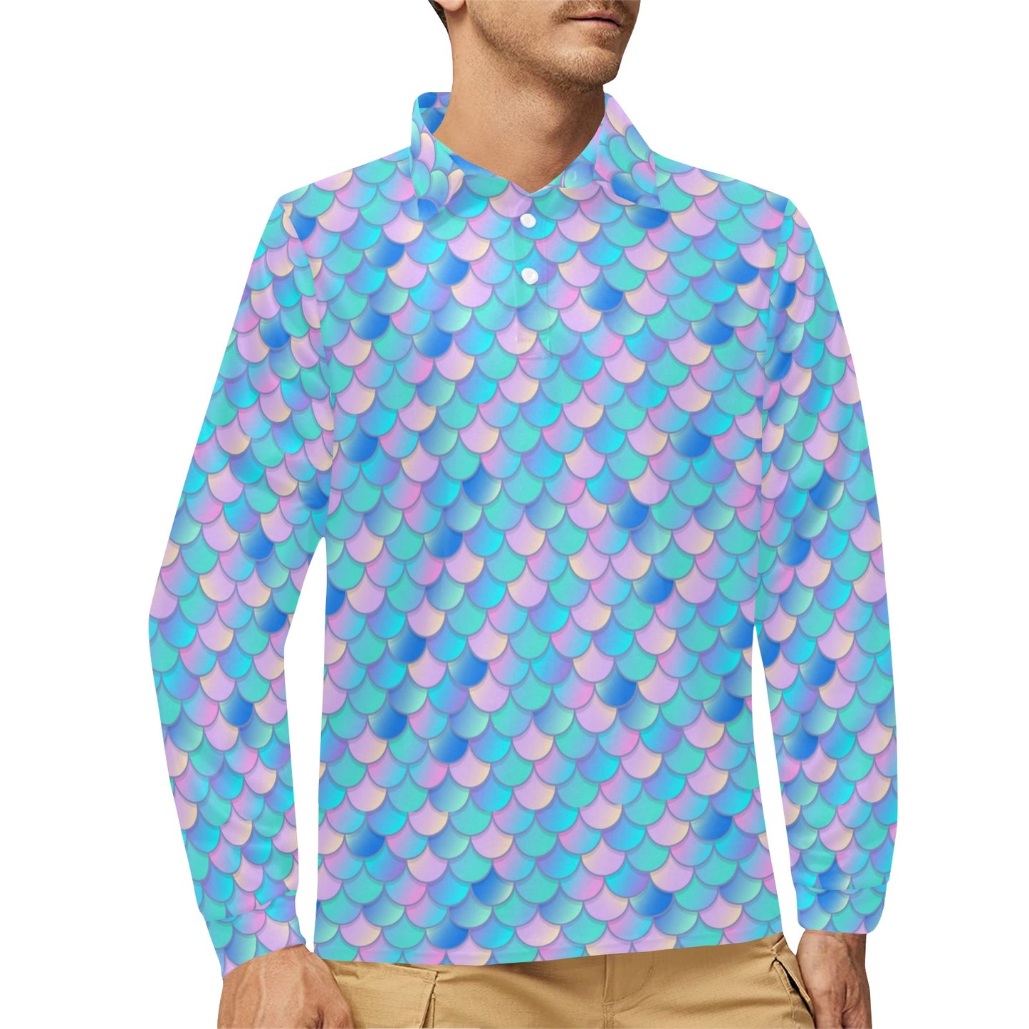 Mermaid Scales Pastel Pattern Print Design 07 Long Sleeve Polo Shirt For Men's