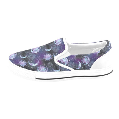 Sun Moon Print Design LKS303 White Slip Ons Canvas Women's Shoes