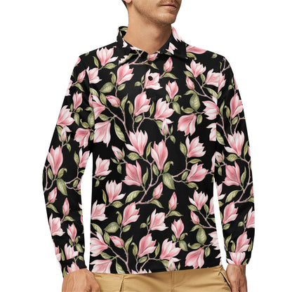 Magnolia Pattern Print Design MAG03 Long Sleeve Polo Shirt For Men's