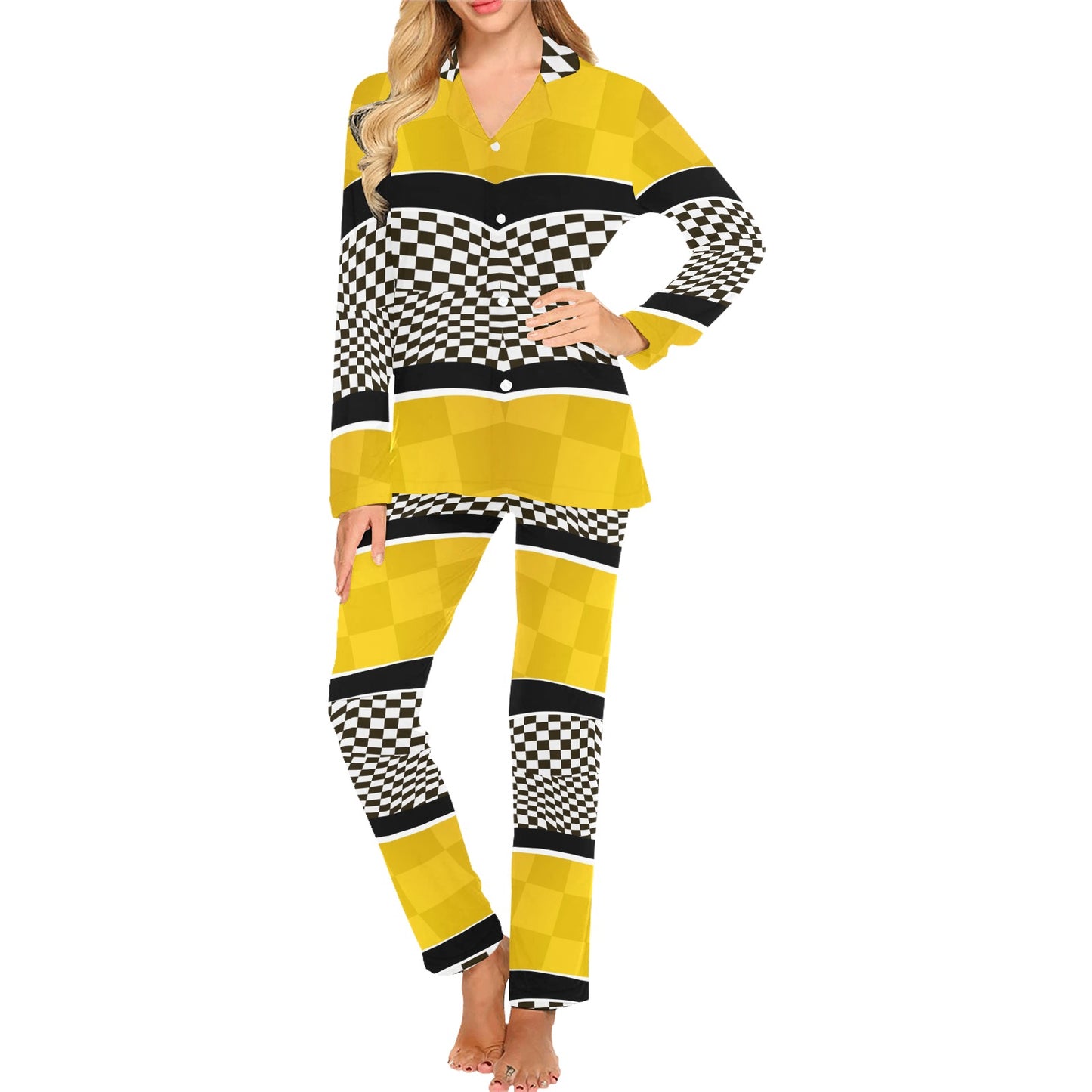 Checkered Pattern Print Design 02 Women's Long Pajama Set