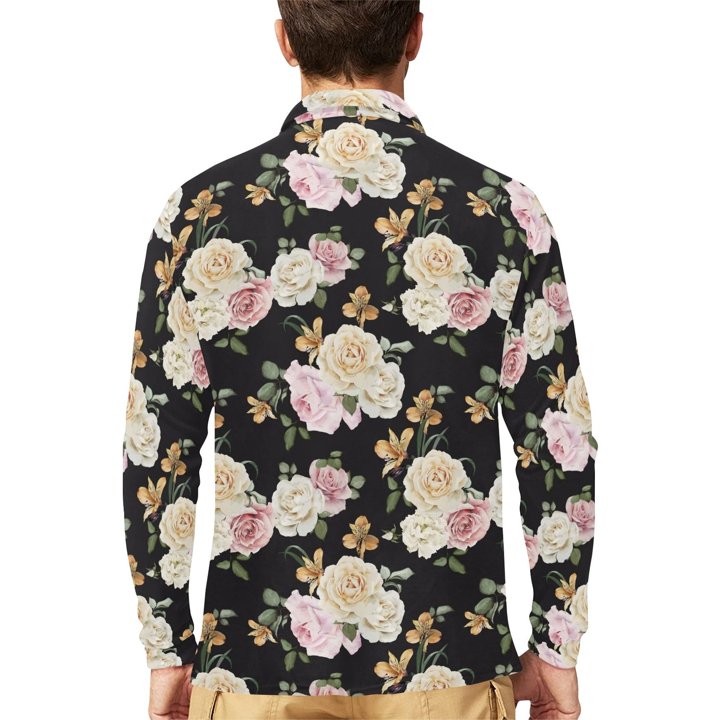 Rose Pattern Print Design A01 Long Sleeve Polo Shirt For Men's