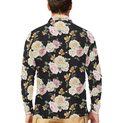 Rose Pattern Print Design A01 Long Sleeve Polo Shirt For Men's