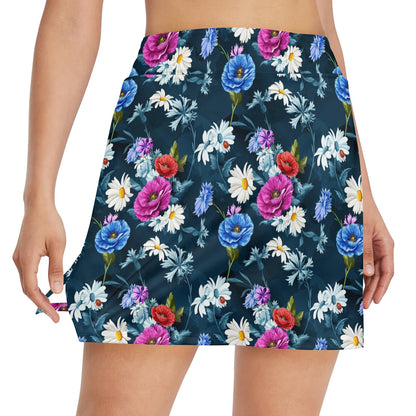 Floral Blue Themed Print 17" Golf & Pickleball Skort with Pockets