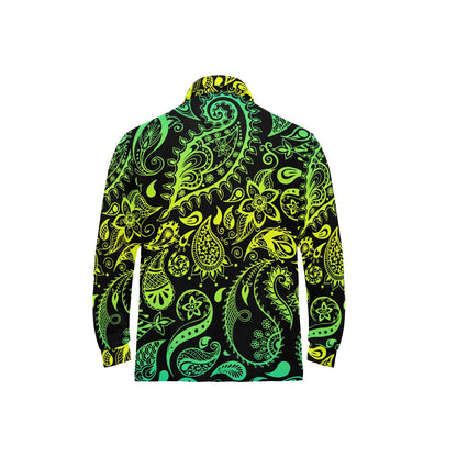 Paisley Green Design Print Long Sleeve Polo Shirt For Men's